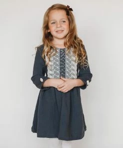 Girls Ren & Rouge Lace Front Blue Muslin Dress