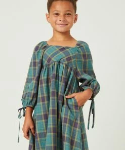 Hayden Plaid Square Neck Tie Sleeve Dress Tween