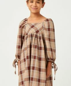 Hayden Plaid Square Neck Tie Sleeve Dress Tween