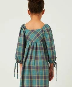 Hayden Plaid Square Neck Tie Sleeve Dress Tween