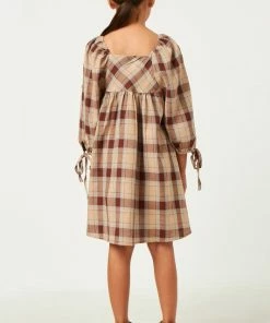 Hayden Plaid Square Neck Tie Sleeve Dress Tween