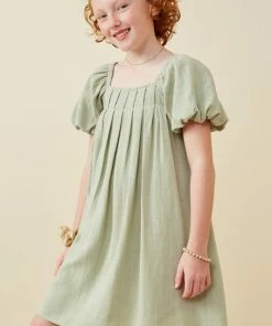 Tween Hayden Green Box Pleat Linen Dress