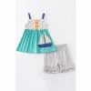 Girls Honeydew Teal Sailboat Ruffle Short Set