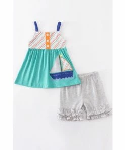 Girls Honeydew Teal Sailboat Ruffle Short Set