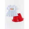 Girls Honeydew Blue Stripe Apple Embroidery Set