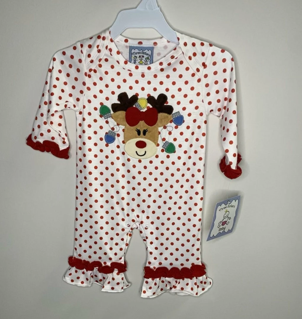 Best deal π― Three Sisters Polka Dot Reindeer Lights Ruffle Romper π₯ 3 Three Sisters Polka Dot Reindeer Lights Ruffle Romper