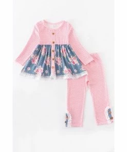 Girls Honeydew Pink & Floral Stripe Button Front Pant Set