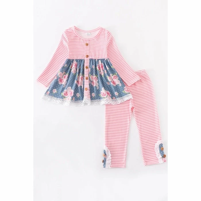 Best Pirce π Girls Honeydew Pink & Floral Stripe Button Front Pant Set π 3 Girls Honeydew Pink & Floral Stripe Button Front Pant Set