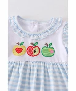 Girls Honeydew Blue Stripe Apple Embroidery Set