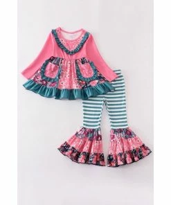 Girls Honeydew Stripe Floral Ruffle Flare Pant Set