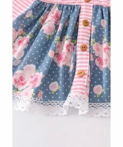 Girls Honeydew Pink & Floral Stripe Button Front Pant Set